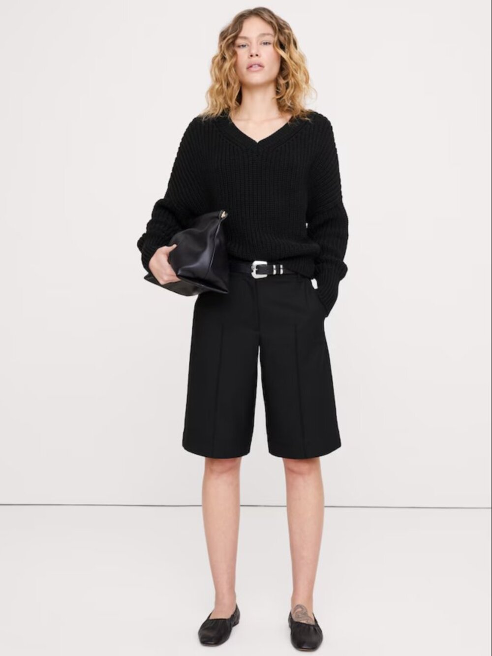 Chunky Cotton V-Neck Sweater | Banana Republic, black, size small